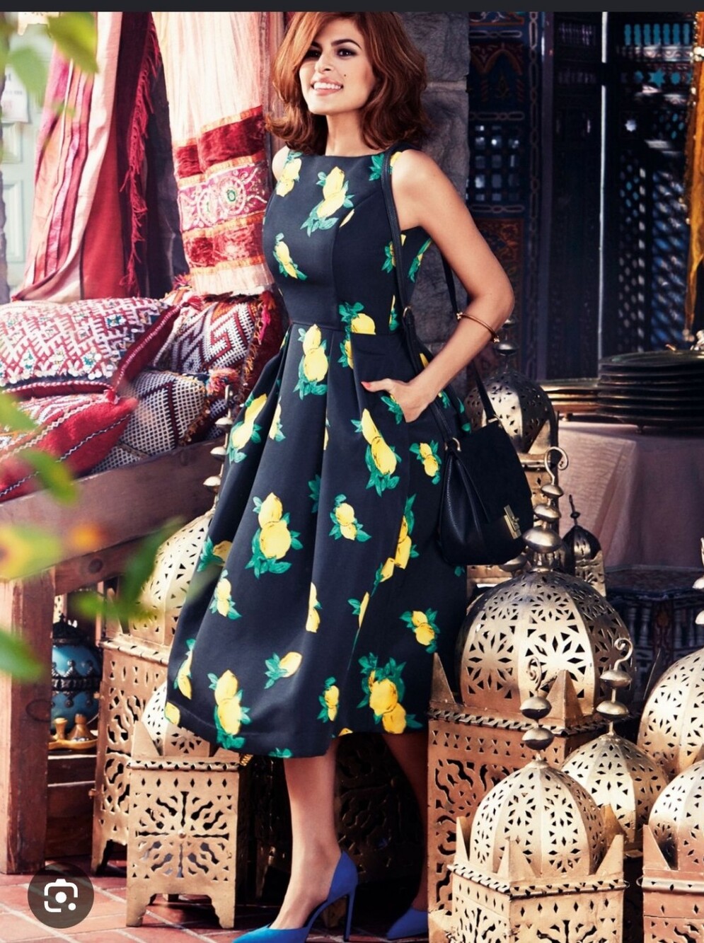 eva mendes for New York & Company Black Midi Dress with Yellow Floral Print